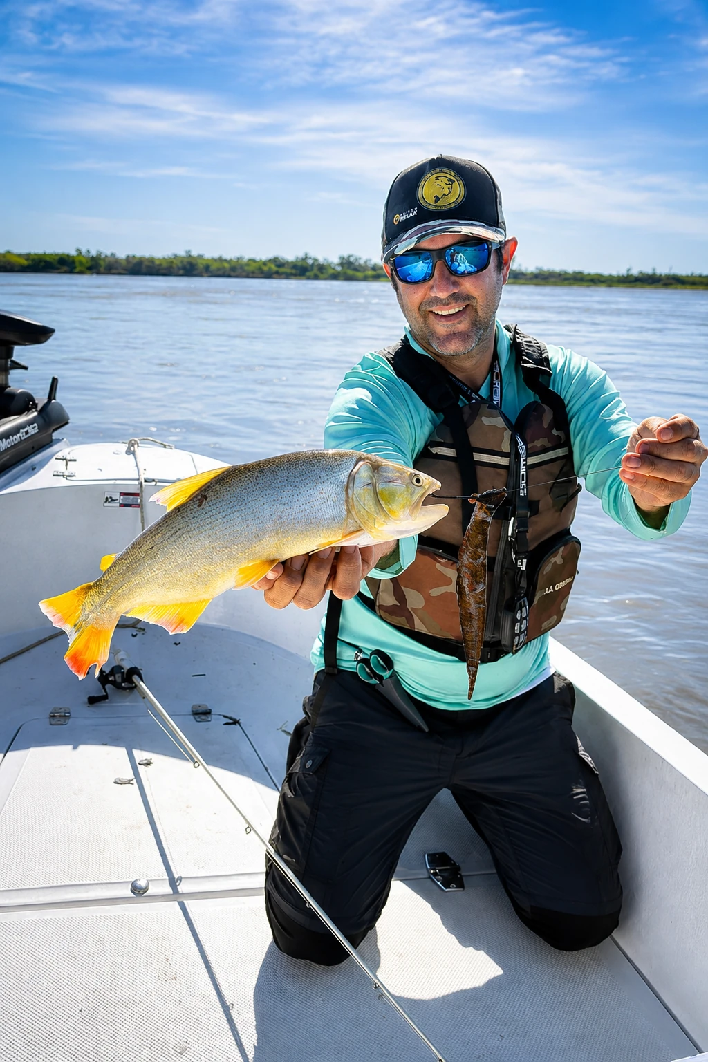 Pescador con dorado durante una jornada de pesca en Villa Urquiza, Entre Ríos